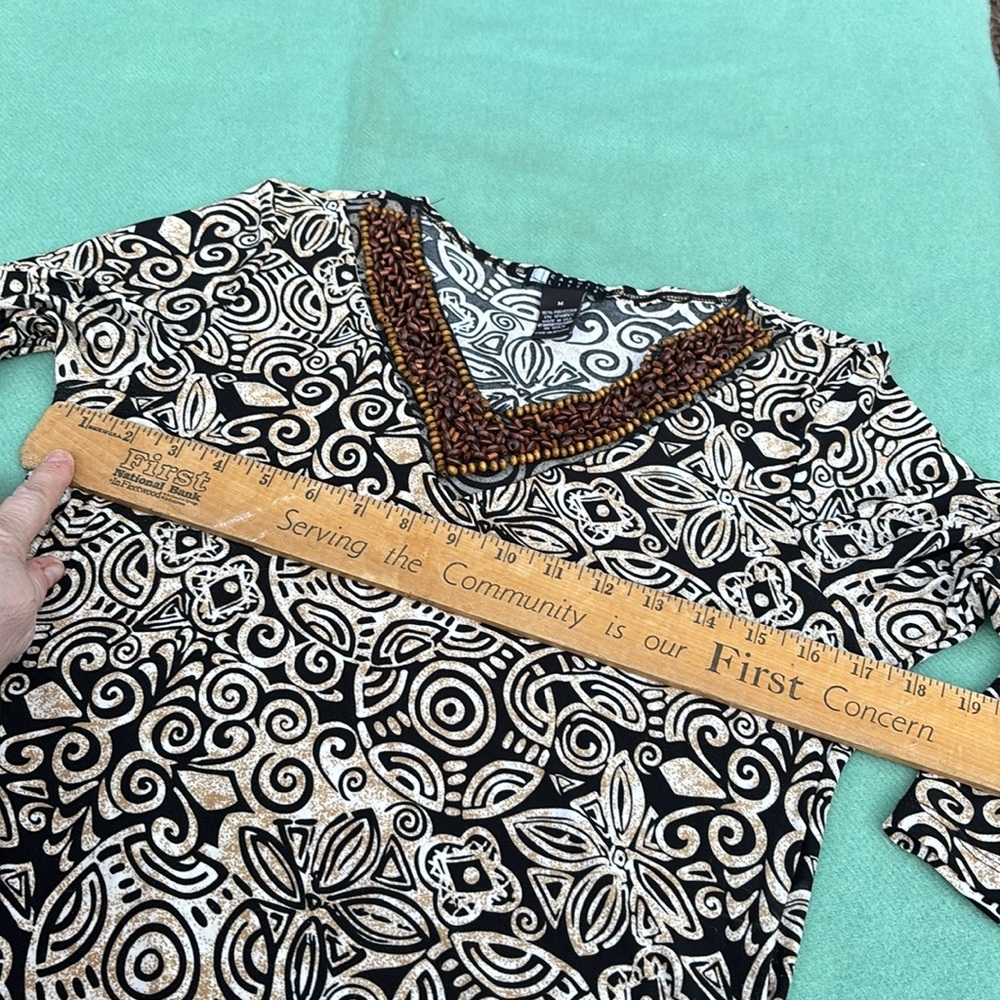 Carole Little Brown Black Geometric Graphic Beaded V-Neck Embellished Blouse M
